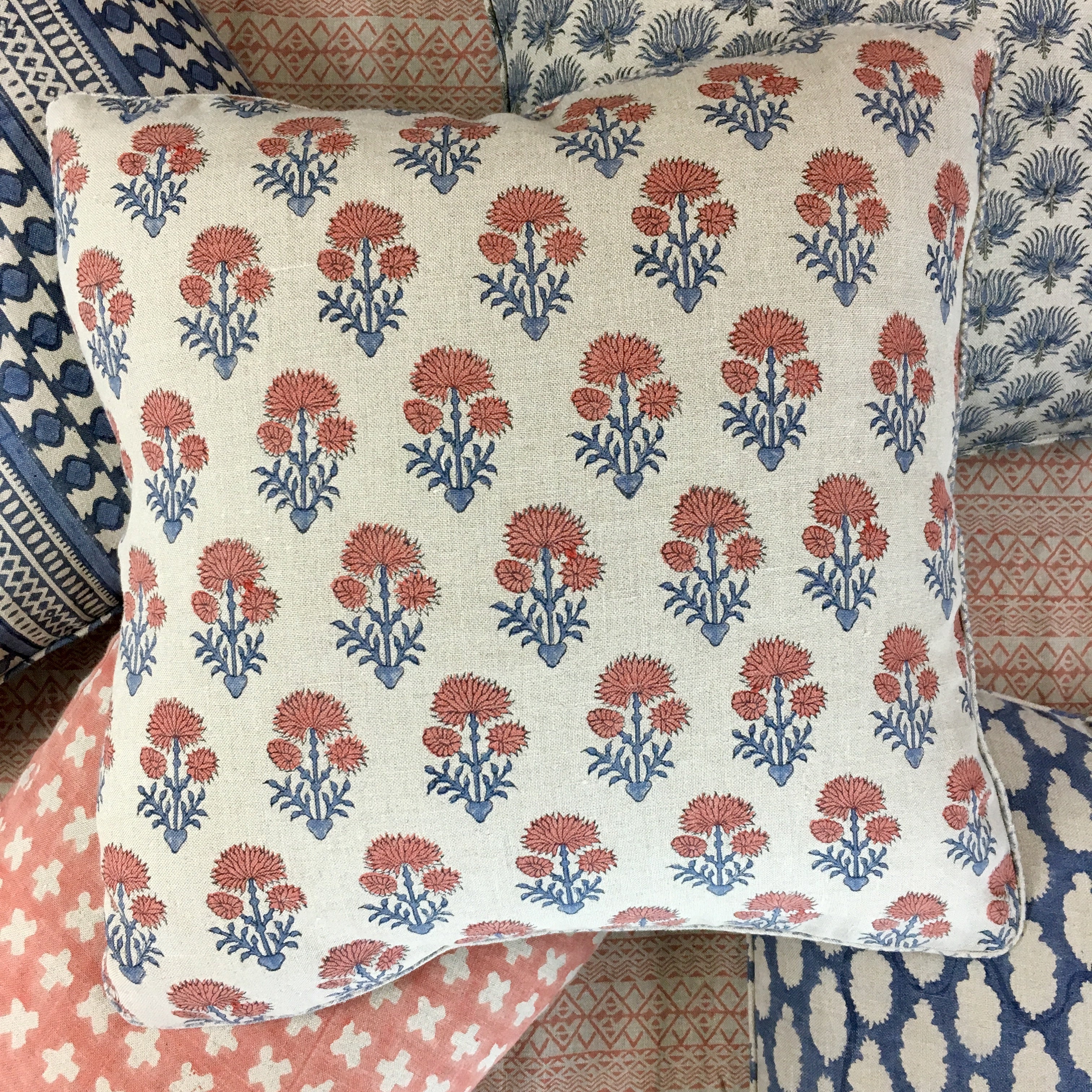 Bastideaux Laurette in Coral Dust/Lapis // Designer Throw Pillow // 2024 Botanical Pillow // High End Pillow // Floral Accent pIllows